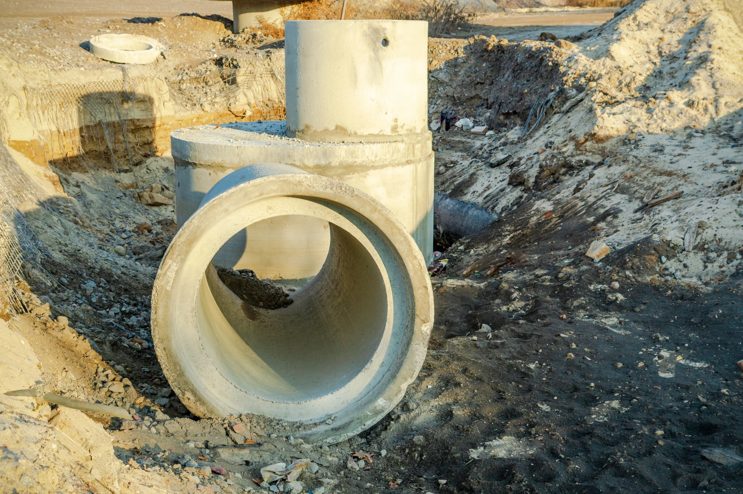construction of sewage with concrete pipes in the pit photo 1